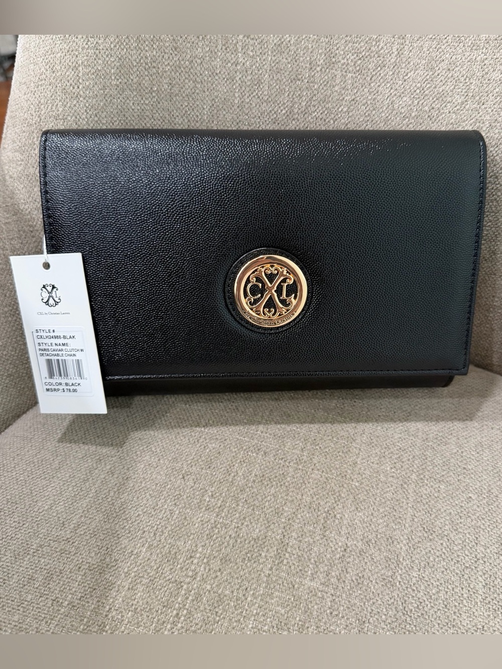 Christian Lacroix Black Leather Clutch with Gold Emblem